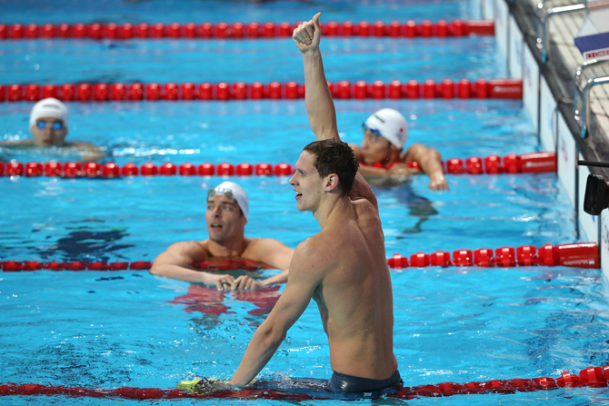 KAZAN, RUSSIA - AUGUST 04:  Mitch Larkin of Australia celebrates winning the gold medal in the Men's 100m Backstroke Final on day eleven of the 16th FINA World Championships at the Kazan Arena on August 4, 2015 in Kazan, Russia.  (Photo by Streeter Lecka/Getty Images)