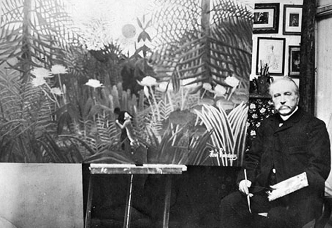 Le Douanier Rousseau (1844-1910), peintre français, devant l'une de ses toiles.     FA-48150